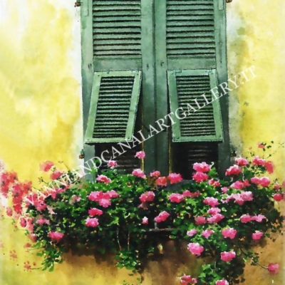 Finestra gialla di Trastevere con fiori